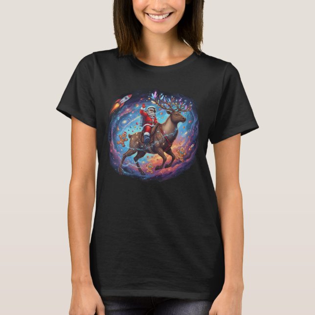 Santa Astronaut Riding Flying Reindeer Space Chris T-Shirt (Front)