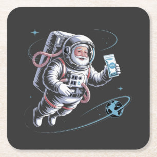 Santa Astronaut with Spacesuit Festive Christmas Square Paper Coaster
