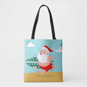 Santa at beach cartoon tote bag