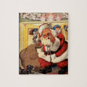 Santa at Chimney with Puppy Vintage, Retro Jigsaw Puzzle