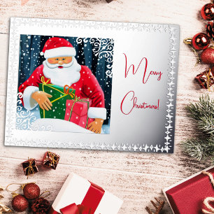 Santa at Christmas in the snow with silver Foil Holiday Postcard
