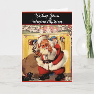 Santa at Fireplace with Puppies Vintage Retro Card