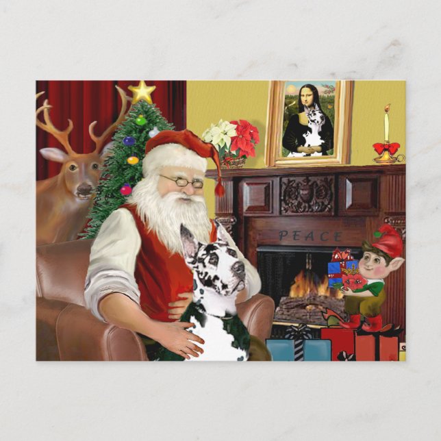 Santa At Home - Great Dane (Harlequin) Holiday Postcard (Front)