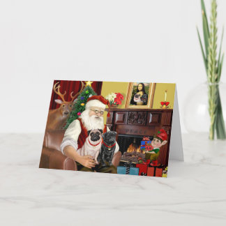 Santa At Home - Pugs two,2F,1blk) Holiday Card