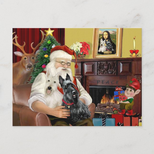 Santa At Home - Scottish Terriers (two) - Santa Holiday Postcard (Front)