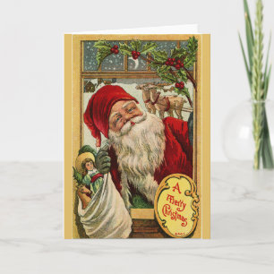 Santa at the Window with Toy Bag Greeting Card