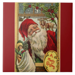 Santa at the Window with Toys Red Ceramic Tile