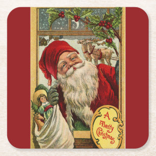 Santa at the Window with Toys Square Paper Coaster