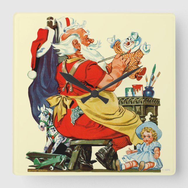 Santa at Work Square Wall Clock (Front)