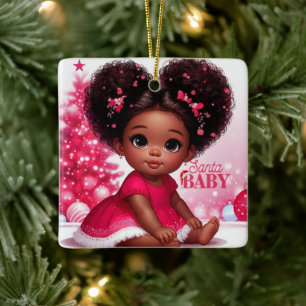 Santa Baby Afro Puff Infant Girl Christmas Ceramic Ornament