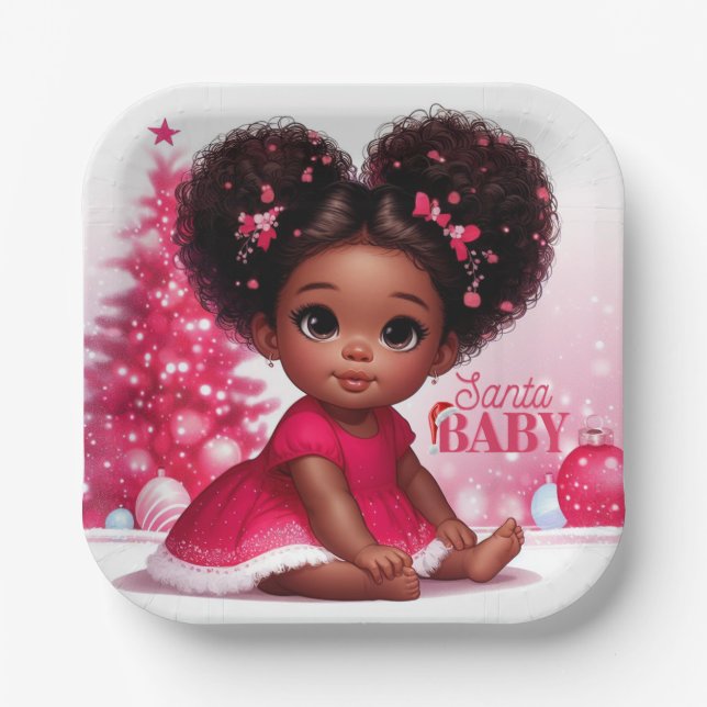Santa Baby Afro Puff Infant Girl Christmas Paper Plate (Front)