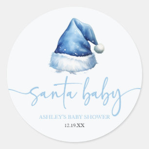 Santa Baby Blue Hat Christmas Holiday Baby Shower Classic Round Sticker