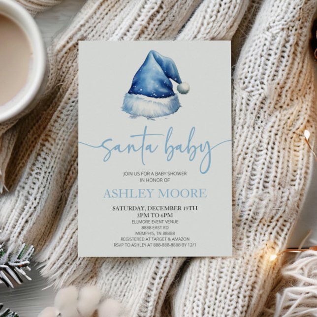 Santa Baby Blue Hat Christmas Holiday Baby Shower Invitation (Creator Uploaded)