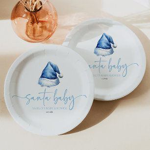 Santa Baby Blue Hat Christmas Holiday Baby Shower Paper Plate