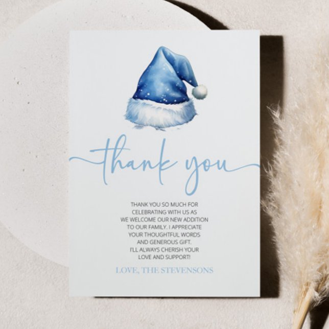 Santa Baby Blue Hat Christmas Holiday Baby Shower Thank You Card (Creator Uploaded)