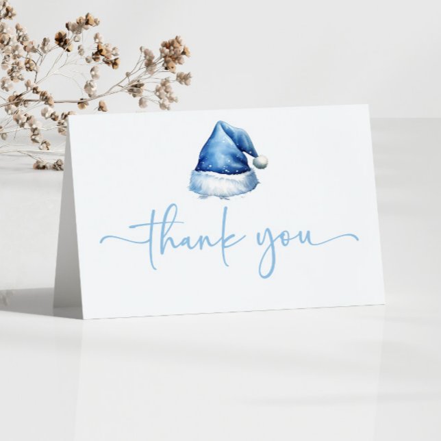 Santa Baby Blue Hat Christmas Holiday Baby Shower Thank You Card (Creator Uploaded)