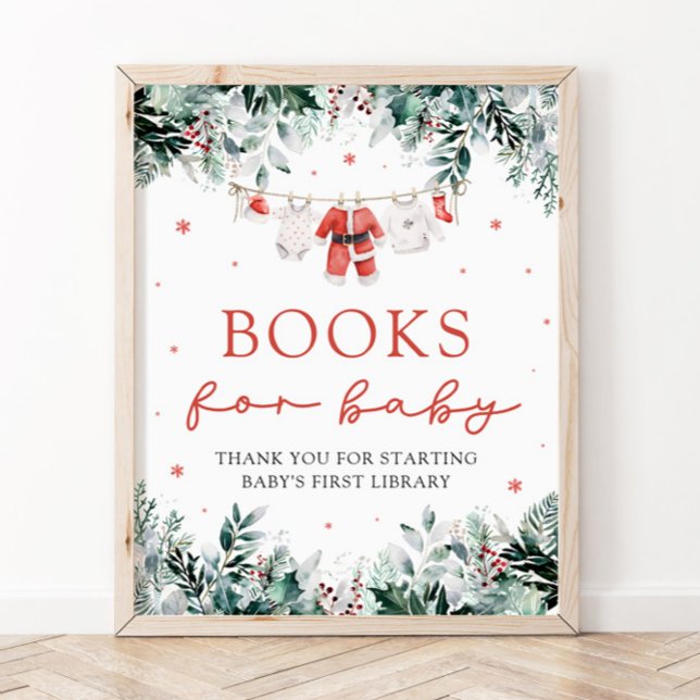Santa Baby Christmas Baby Shower Books for Baby Poster (Watercolor Red Santa Gender Neutral Books for Baby Baby Shower Sign)
