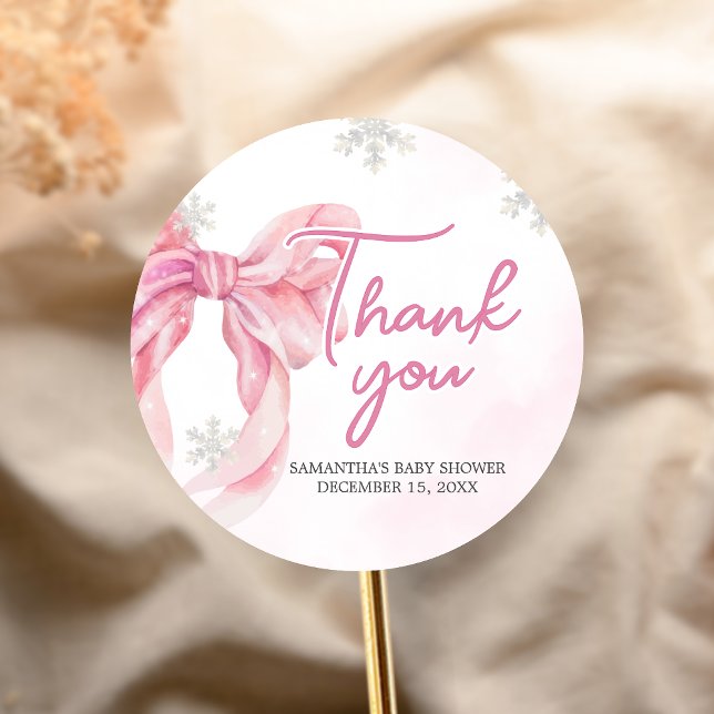 Santa Baby Christmas Baby Shower Classic Round Sticker (Pink Coquette Winter Baby Shower Sticker)