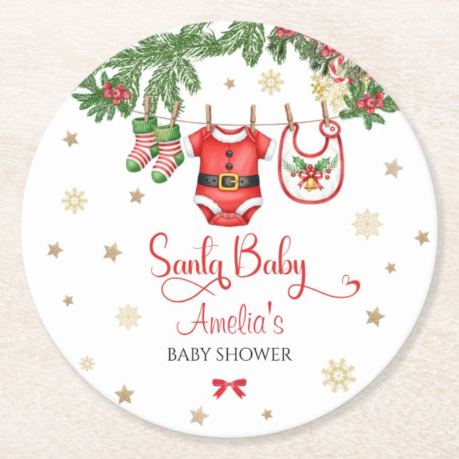 Santa Baby Christmas Baby Shower Decor Round Paper Coaster (Front)