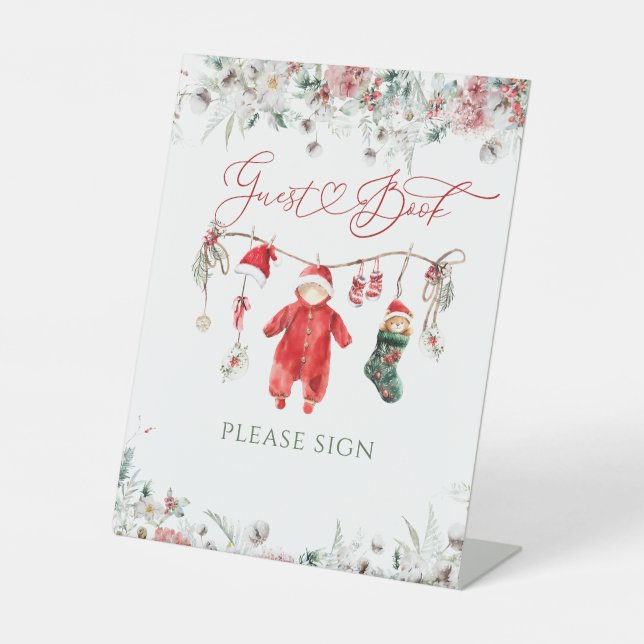 Santa Baby Christmas Baby Shower Guest Book Pedestal Sign (Front)