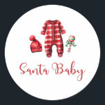 Santa Baby Christmas Baby Shower Invitation Classic Round Sticker<br><div class="desc">Santa Baby Christmas themed baby shower with baby clothes and black buffalo plaid.</div>