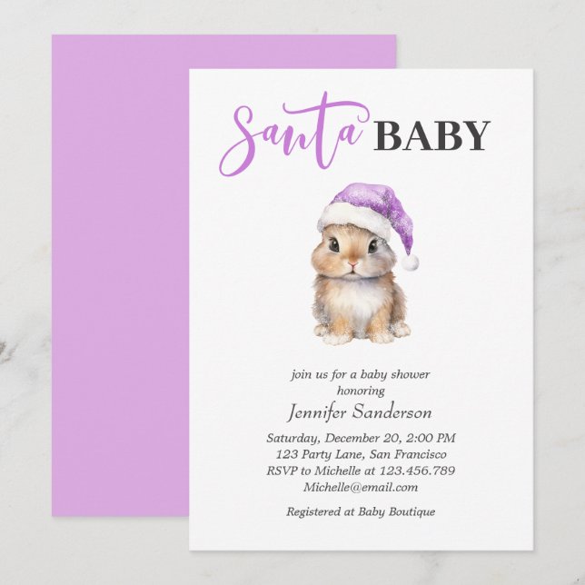 Santa Baby Christmas Baby Shower Purple Invitation (Front/Back)