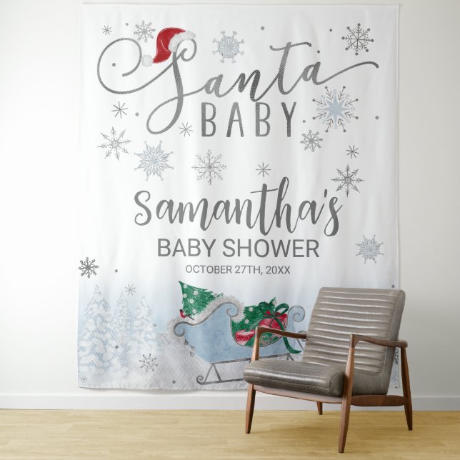 Santa Baby Christmas Boy Baby Shower Backdrop Tapestry (In Situ)