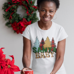 Santa Baby Christmas Buffalo Plaid Leopard Tree T-Shirt