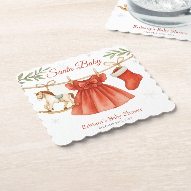 Santa Baby Christmas Clothesline Girl Baby Shower  Paper Coaster (Angled)