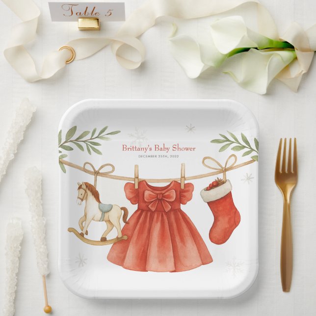 Santa Baby Christmas Clothesline Girl Baby Shower  Paper Plate (Wedding)