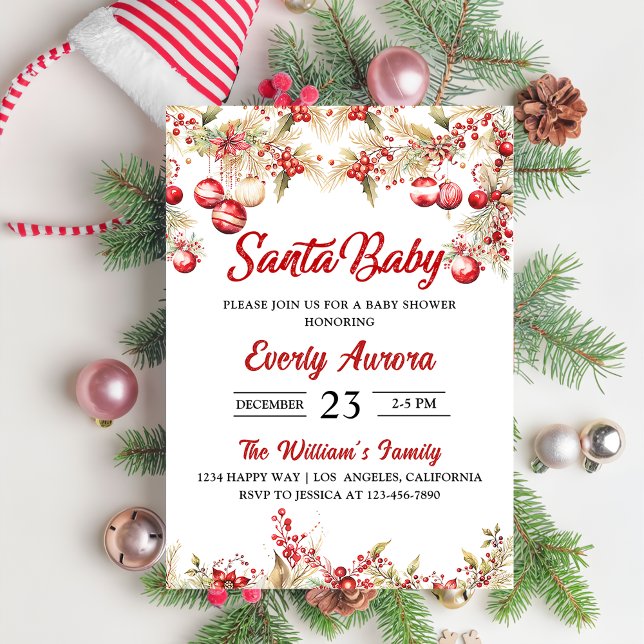 Santa Baby Christmas Floral Baby Shower  Invitation (Creator Uploaded)