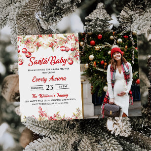 Santa Baby Christmas Floral Baby Shower Photo Invitation