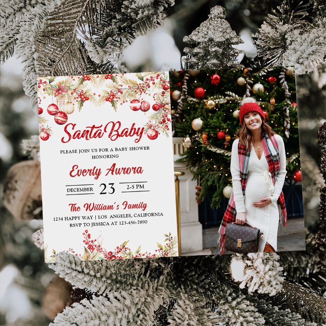 Santa Baby Christmas Floral Baby Shower Photo Invitation (Creator Uploaded)