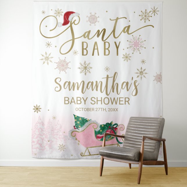 Santa Baby Christmas Girl Baby Shower Backdrop Tapestry (In Situ)