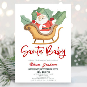 Santa Baby Christmas Holly Santa Claus Baby Shower Invitation