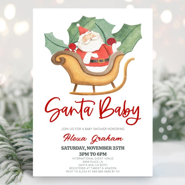 Santa Baby Christmas Holly Santa Claus Baby Shower Invitation (Creator Uploaded)