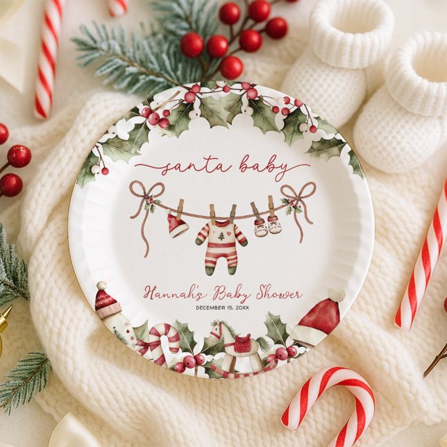 Santa Baby Clothesline Christmas Baby Shower Paper Plate (Creator Uploaded)