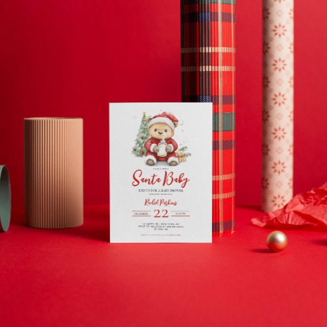 Santa Baby Cute Bear Christmas Baby Shower Invitation (Creator Uploaded)