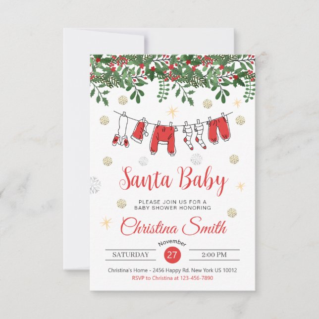 Santa Baby Cute Gold Snowflakes Winter baby Shower Invitation (Front)