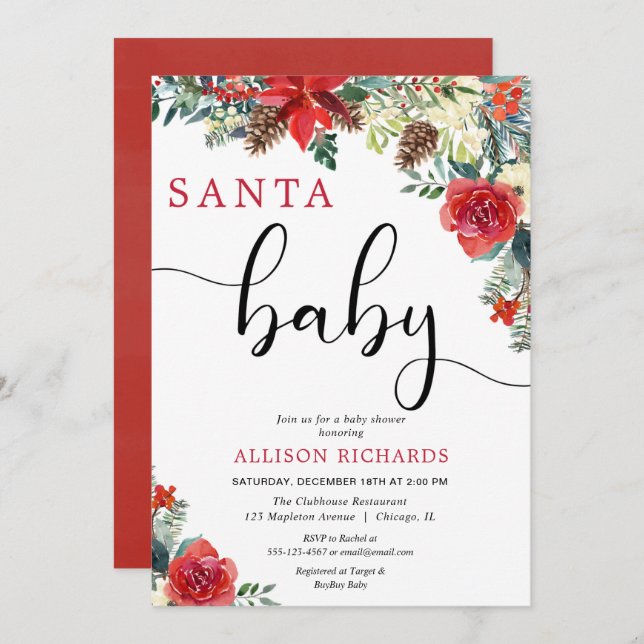 Santa baby floral Christmas greenery baby shower Invitation (Front/Back)