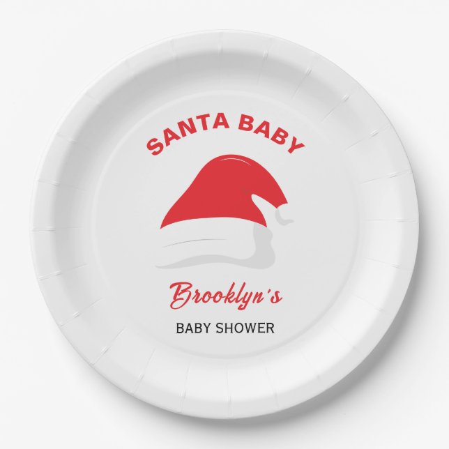Santa Baby Gender Neutral Baby Shower Winter Hat Paper Plate (Front)
