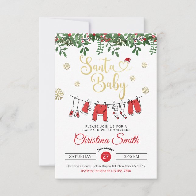 Santa Baby Gold Snowflake Winter Baby Shower Invitation (Front)