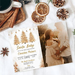 Santa Baby Gold Tree Christmas Baby Shower Photo Invitation