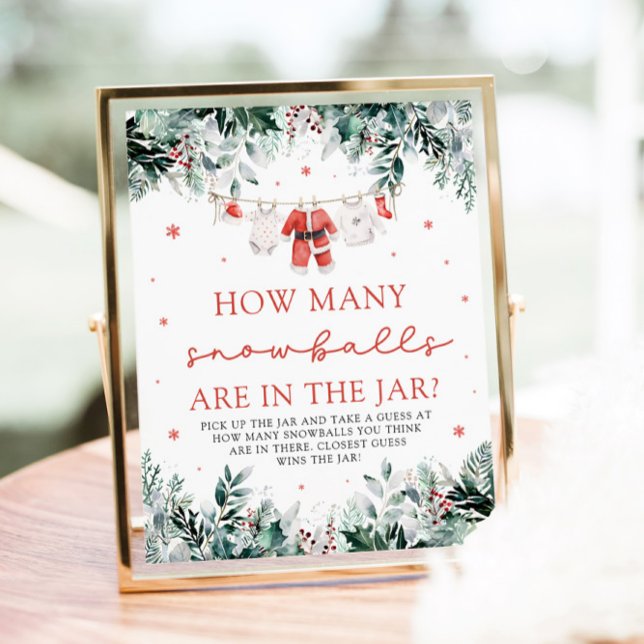 Santa Baby Guess How Many Snowballs Baby Shower Poster (Watercolor Christmas Red Santa Baby Dont Say Baby Baby Shower Sign)