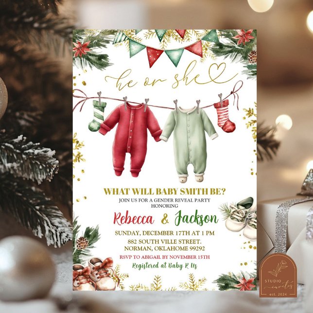 Santa Baby Hanging Clothes Gender Reveal  Invitation (Creator Uploaded)
