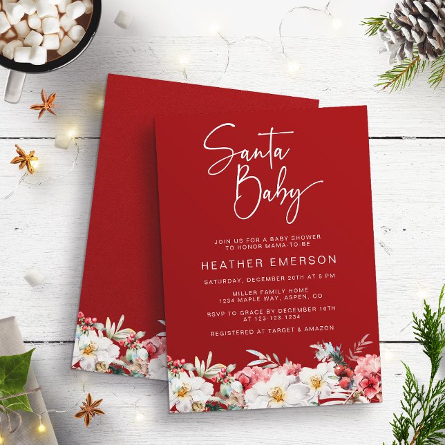Santa Baby Holiday Baby Shower Invitation (Red Santa Baby Watercolor Rustic Boho Botanical Floral Baby Shower Invitation by Painted Paperie)