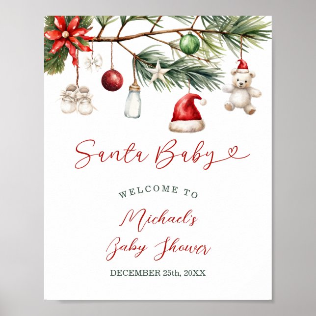 Santa Baby Holiday Christmas Baby Shower Welcome Poster (Front)