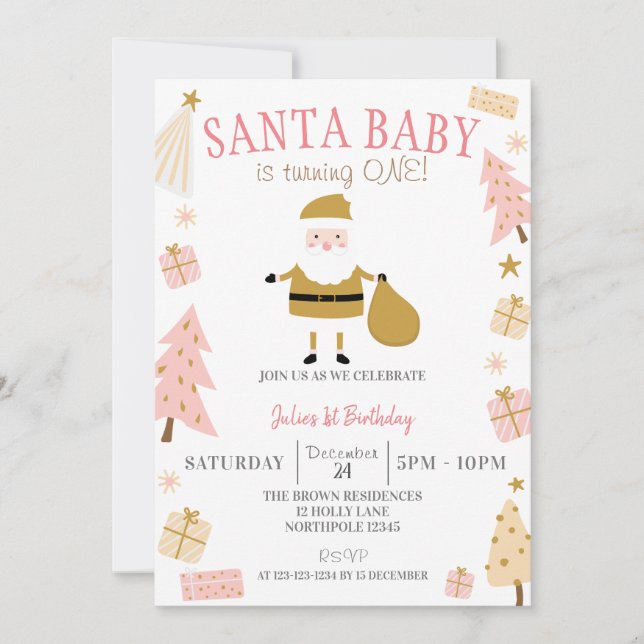 Santa Baby is turning one, Girl Christmas Birthday Invitation (Front)