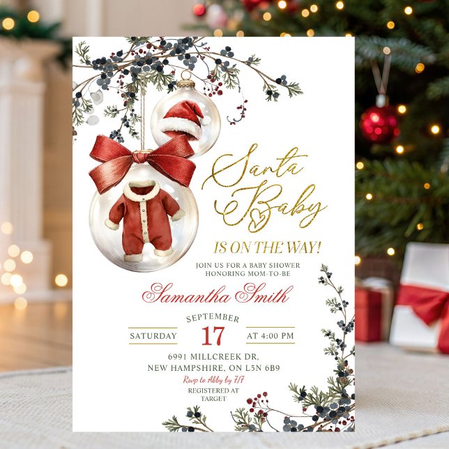 Santa Baby Minimalist Winter Baubles Baby Shower Invitation (Creator Uploaded)