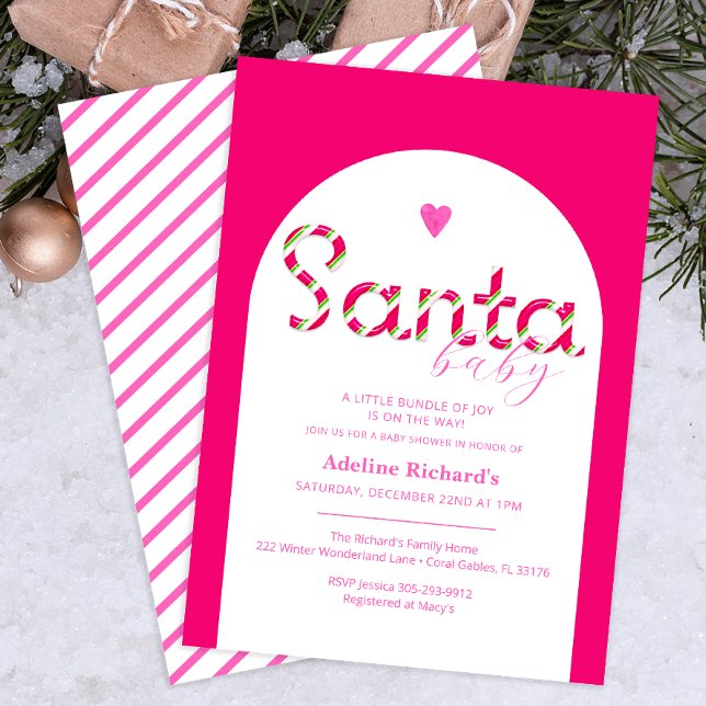 Santa Baby Pink Candy Cane Baby Shower Invite (Pink Santa Baby Arch Baby Shower Invitation)